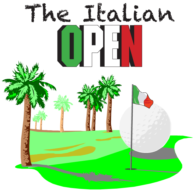 The Italian Open Logo. There are several palm trees in the background that line the approach to a golf green. The flagstick's flag is the Italian flag.